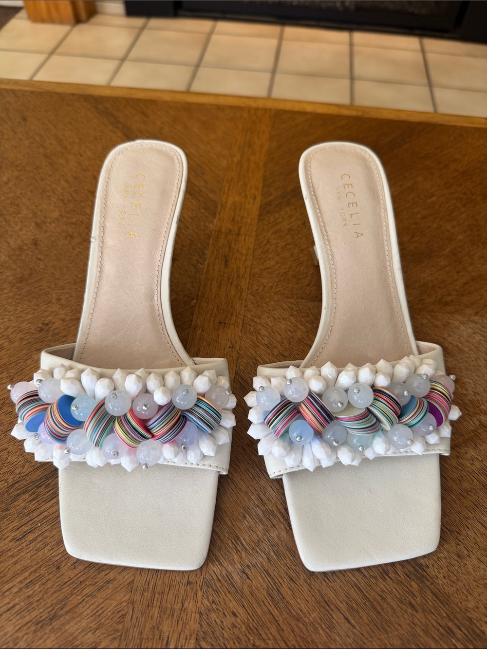 CECELIA NEW YORK White Slide Mules with Multicolor Bead Detail
